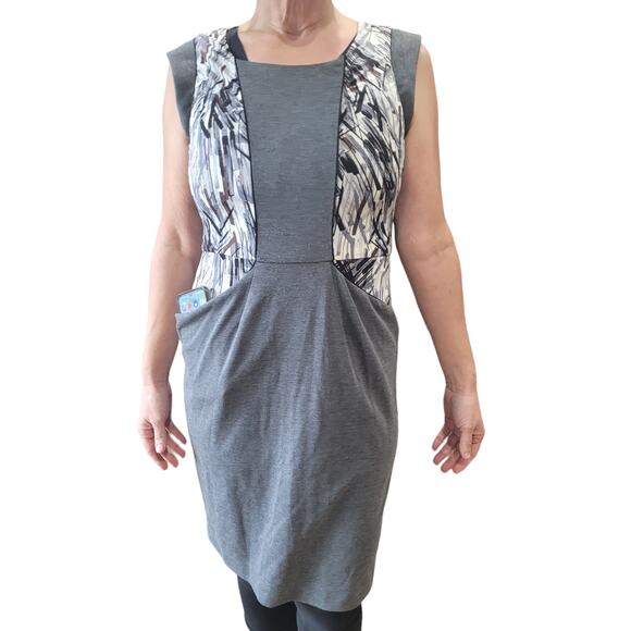 BCBGMAXAZRIA Gray Graphic Dress Medium Layered Career Sleeveless Artsy A-Line - Picture 1 of 10